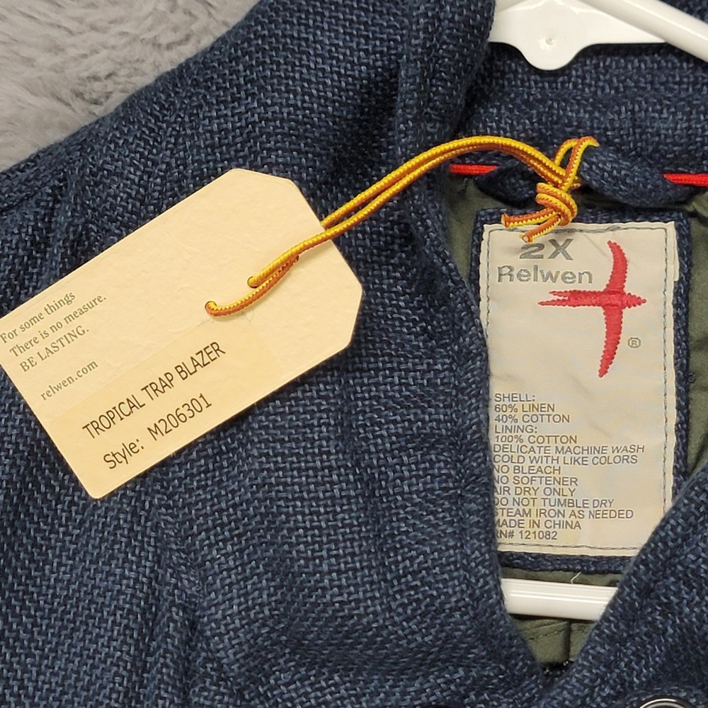 Relwen Tropical Trap Blazer Mens 2XL Dark Navy Hopsack Linen Cotton Jacket - Picture 3 of 11